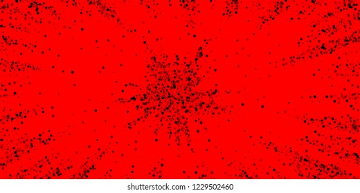 Scattered dense balck dots. Dark points dispersion on red background. Bold grey spots dispersing overlay template. Cute vector illustration.