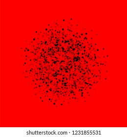 Scattered dense balck dots. Dark points dispersion on red background. Breathtaking grey spots dispersing overlay template. Comely vector illustration.