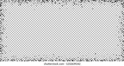 Scattered dense balck dots. Dark points dispersion on transparent background. Breathtaking grey spots dispersing overlay template. Awesome vector illustration.