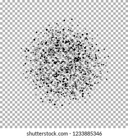 Scattered dense balck dots. Dark points dispersion on transparent background. Breathtaking grey spots dispersing overlay template. Cool vector illustration.