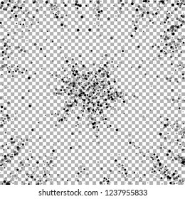 Scattered dense balck dots. Dark points dispersion on transparent background. Bizarre grey spots dispersing overlay template. Authentic vector illustration.