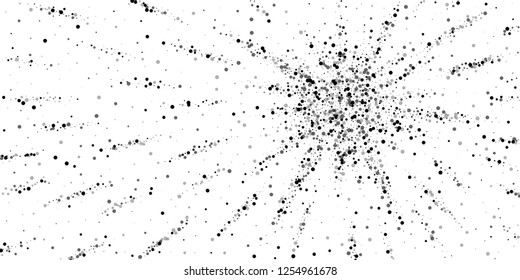 Scattered dense balck dots. Dark points dispersion on white background. Bold grey spots dispersing overlay template. Fair vector illustration.