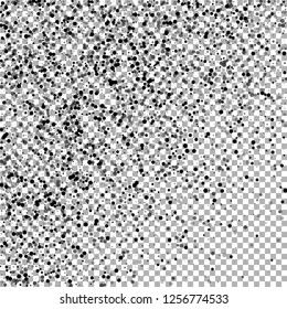 Scattered dense balck dots. Dark points dispersion on transparent background. Bizarre grey spots dispersing overlay template. Radiant vector illustration.