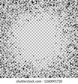 Scattered dense balck dots. Dark points dispersion on transparent background. Bizarre grey spots dispersing overlay template. Wondrous vector illustration.