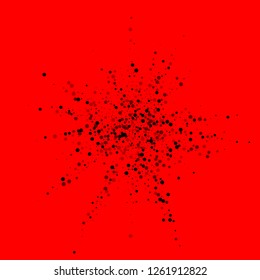 Scattered dense balck dots. Dark points dispersion on red background. Bizarre grey spots dispersing overlay template. Captivating vector illustration.