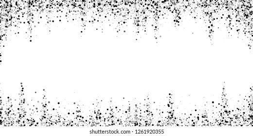 Dispersos puntos negros densos. Puntos oscuros de dispersión en fondo blanco. Manchas grises negrita dispersando la plantilla superpuesta. Notable ilustración vectorial.