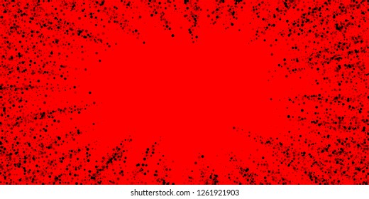 Scattered dense balck dots. Dark points dispersion on red background. Breathtaking grey spots dispersing overlay template. Memorable vector illustration.