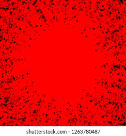 Scattered dense balck dots. Dark points dispersion on red background. Bizarre grey spots dispersing overlay template. Uncommon vector illustration.
