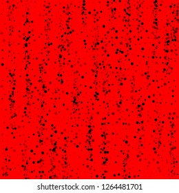 Scattered dense balck dots. Dark points dispersion on red background. Bizarre grey spots dispersing overlay template. Indelible vector illustration.