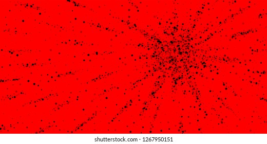 Scattered dense balck dots. Dark points dispersion on red background. Bold grey spots dispersing overlay template. Extraordinary vector illustration.