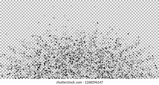 Scattered dense balck dots. Dark points dispersion on transparent background. Bold grey spots dispersing overlay template. Fetching vector illustration.