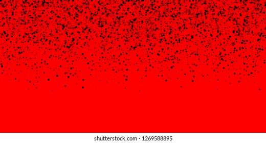 Scattered dense balck dots. Dark points dispersion on red background. Breathtaking grey spots dispersing overlay template. Decent vector illustration.