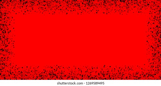 Scattered dense balck dots. Dark points dispersion on red background. Breathtaking grey spots dispersing overlay template. Amazing vector illustration.