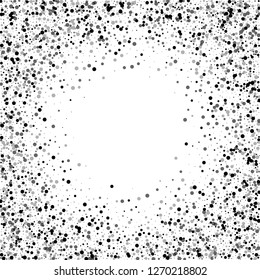 Scattered dense balck dots. Dark points dispersion on white background. Bizarre grey spots dispersing overlay template. Worthy vector illustration.