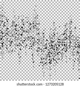 Scattered dense balck dots. Dark points dispersion on transparent background. Breathtaking grey spots dispersing overlay template. Trending vector illustration.