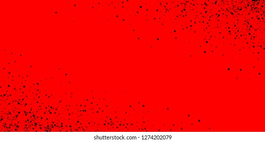 Scattered dense balck dots. Dark points dispersion on red background. Bold grey spots dispersing overlay template. Classic vector illustration.