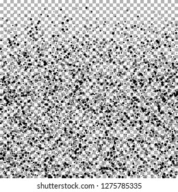 Scattered dense balck dots. Dark points dispersion on transparent background. Bizarre grey spots dispersing overlay template. Posh vector illustration.