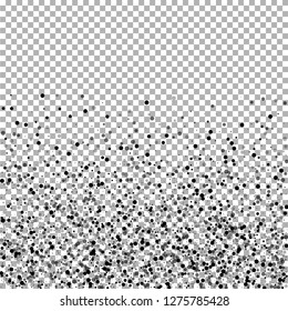 Scattered dense balck dots. Dark points dispersion on transparent background. Bizarre grey spots dispersing overlay template. Outstanding vector illustration.
