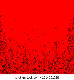 Scattered dense balck dots. Dark points dispersion on red background. Bizarre grey spots dispersing overlay template. Emotional vector illustration.