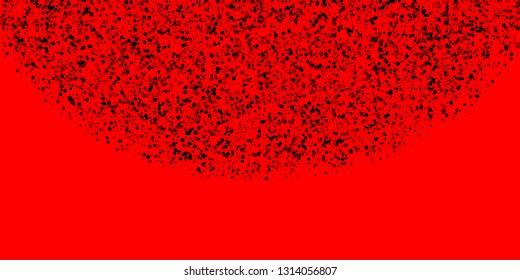 Scattered dense balck dots. Dark points dispersion on red background. Breathtaking grey spots dispersing overlay template. Impressive vector illustration.