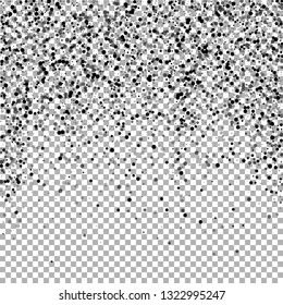 Scattered dense balck dots. Dark points dispersion on transparent background. Breathtaking grey spots dispersing overlay template. Resplendent vector illustration.