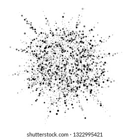 Scattered dense balck dots. Dark points dispersion on white background. Breathtaking grey spots dispersing overlay template. Popular vector illustration.