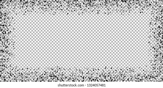 Scattered dense balck dots. Dark points dispersion on transparent background. Breathtaking grey spots dispersing overlay template. Amusing vector illustration.
