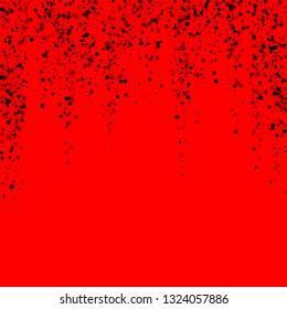 Scattered dense balck dots. Dark points dispersion on red background. Breathtaking grey spots dispersing overlay template. Stylish vector illustration.