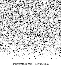Scattered dense balck dots. Dark points dispersion on white background. Bizarre grey spots dispersing overlay template. Neat vector illustration.