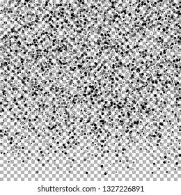 Scattered dense balck dots. Dark points dispersion on transparent background. Bizarre grey spots dispersing overlay template. Modern vector illustration.