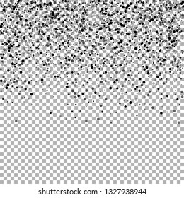Scattered dense balck dots. Dark points dispersion on transparent background. Bizarre grey spots dispersing overlay template. Magnificent vector illustration.