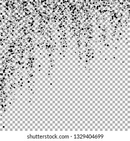 Scattered dense balck dots. Dark points dispersion on transparent background. Bizarre grey spots dispersing overlay template. Glamorous vector illustration.