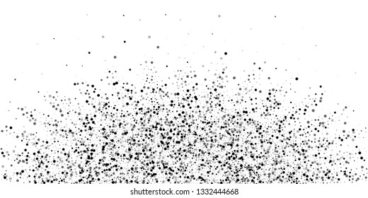 Scattered dense balck dots. Dark points dispersion on white background. Bold grey spots dispersing overlay template. Fine vector illustration.