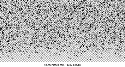 Scattered dense balck dots. Dark points dispersion on transparent background. Breathtaking grey spots dispersing overlay template. Eminent vector illustration.