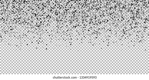 Scattered dense balck dots. Dark points dispersion on transparent background. Breathtaking grey spots dispersing overlay template. Delicate vector illustration.