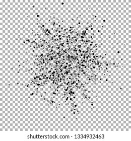 Scattered dense balck dots. Dark points dispersion on transparent background. Bizarre grey spots dispersing overlay template. Breathtaking vector illustration.