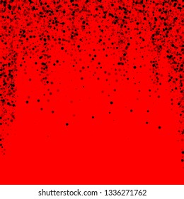 Scattered dense balck dots. Dark points dispersion on red background. Bizarre grey spots dispersing overlay template. Delightful vector illustration.