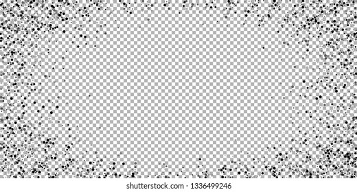 Scattered dense balck dots. Dark points dispersion on transparent background. Breathtaking grey spots dispersing overlay template. Pretty vector illustration.