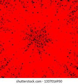 Scattered dense balck dots. Dark points dispersion on red background. Bizarre grey spots dispersing overlay template. Attractive vector illustration.