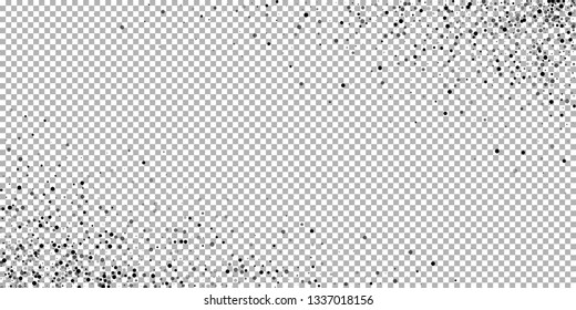 Scattered dense balck dots. Dark points dispersion on transparent background. Bold grey spots dispersing overlay template. Classy vector illustration.