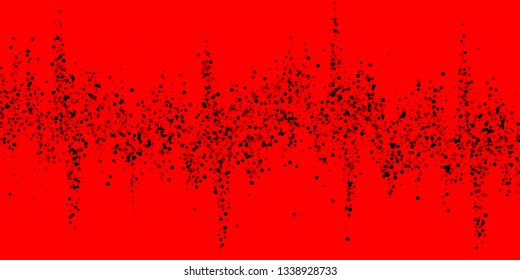 Scattered dense balck dots. Dark points dispersion on red background. Bold grey spots dispersing overlay template. Majestic vector illustration.