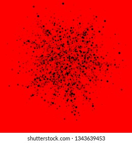 Scattered dense balck dots. Dark points dispersion on red background. Bizarre grey spots dispersing overlay template. Bold vector illustration.