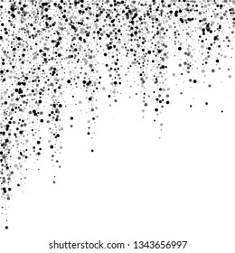 Scattered dense balck dots. Dark points dispersion on white background. Bizarre grey spots dispersing overlay template. Good-looking vector illustration.