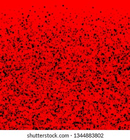 Scattered dense balck dots. Dark points dispersion on red background. Bizarre grey spots dispersing overlay template. Popular vector illustration.
