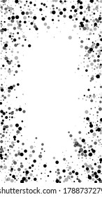 Scattered dense balck dots. Dark points dispersion on white background. Authentic grey spots dispersing overlay template. Magnificent vector illustration.