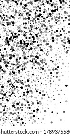 Scattered dense balck dots. Dark points dispersion on white background. Authentic grey spots dispersing overlay template. Vibrant vector illustration.