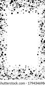 Scattered dense balck dots. Dark points dispersion on white background. Authentic grey spots dispersing overlay template. Trending vector illustration.