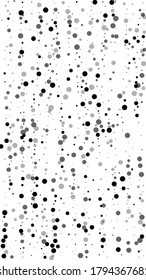 Scattered dense balck dots. Dark points dispersion on white background. Authentic grey spots dispersing overlay template. Perfect vector illustration.