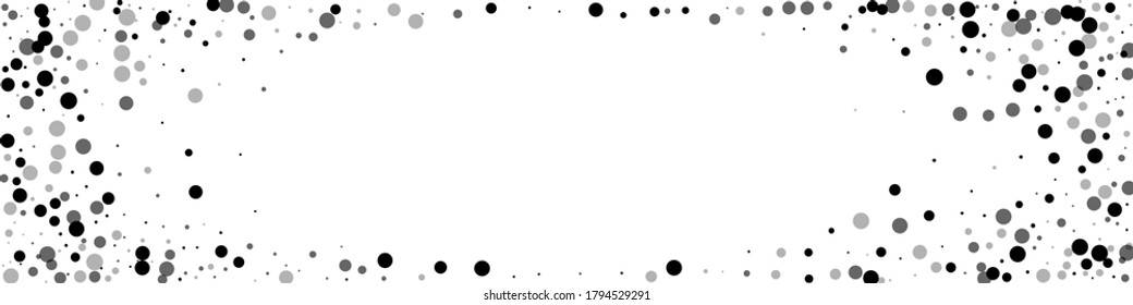 Scattered dense balck dots. Dark points dispersion on white background. Beauteous grey spots dispersing overlay template. Enchanting vector illustration.