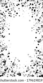 Scattered dense balck dots. Dark points dispersion on white background. Authentic grey spots dispersing overlay template. Immaculate vector illustration.